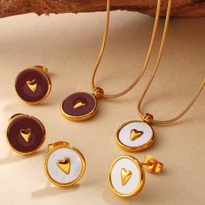 Heart Shape Round <b>Earrings</b> Necklace Set Stainless Steel 18K Gold Plated Women's Fashion Jewelry Gift - Product Image 1