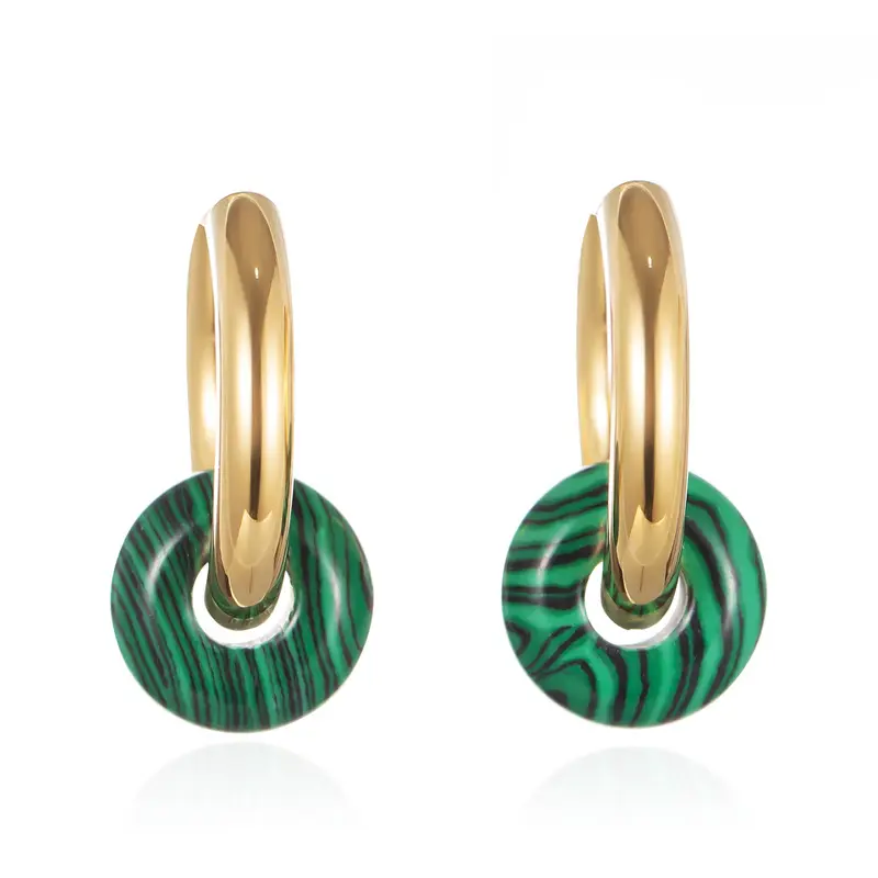 DYZ INSRound Natural Malachite Dangle Huggie Earrings Simple Fashion Titanium Steel Gold Plated Jewelry Hoop Earrings For Women