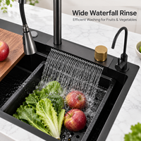 Évier de cuisine simple en acier inoxydable 304 noir nano, avec robinet cascade brossé, à encastrer, pour une utilisation moderne en cuisine