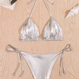 Traje de Baño Bikini Metálico Dorado de Lujo con Logotipo Personalizado del Fabricante, Traje de Baño de Dos Piezas para Mujer - Product Image 4