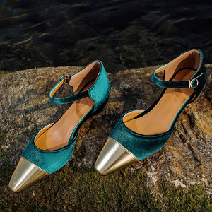 Big Size 48 Women Gold Square Toe Patchwork Shoes Low Strange <b>Heels</b> Sandals Dress Office Ladies Velvet Side Cut Out Pumps - Product Image 4