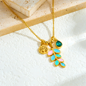 Fashionable Colorful Leaf Pendant Stainless Steel Gold Plated <b>Necklace</b> With <b>Tree</b> Of Life Charm Gift Jewelry - Product Image 2
