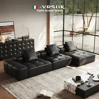 Mesa de Centro de Lujo con Tapa de Piedra, Mesa de Centro Modular de Cuero Genuino con Estructura de Madera Sólida para Hoteles y Salas de Estar de Alta Gama