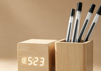 Horloge de bureau moderne en bois avec affichage LED, contrôle sonore, thermomètre et porte-stylo