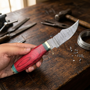 Couteau de chasse à lame fixe en acier Damas de qualité industrielle Rajput, manche en bois coloré, design à pointe tombante, 20 cm, pour l'extérieur - Product Image 4