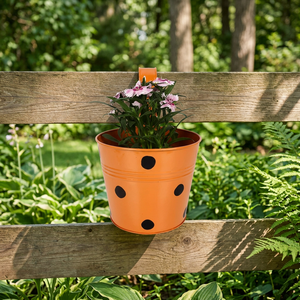 Pot de fleurs suspendu en métal orange avec points noirs pour plantes de jardin - Product Image 3