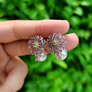 S925 Pure Silver French Luxury <b>Earrings</b> with Diamonds <b>Pink</b> Zircon Flowers <b>Pearl</b> Shell-Elegant Stylish Set - Product Image 5