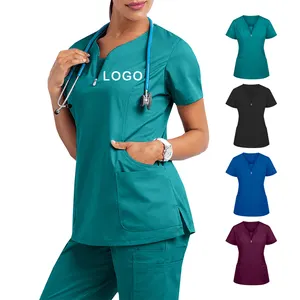 Benutzer definierte 4-Wege-Stretch-Krankens ch wester Medical Uniform Scrubs Sets V-Ausschnitt Frauen Anti-Falten mit Reiß verschluss Krankenhaus uniformen