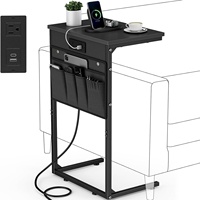 Table basse moderne en forme de C avec station de charge, meubles de salon avec sac de rangement, plateau en MDF, structure en métal