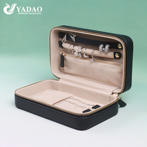 Boîte de rangement à bijoux en cuir PU noir de luxe avec logo personnalisé YADAO, grande capacité, fermeture éclair, étui portable de voyage - Product Image 1