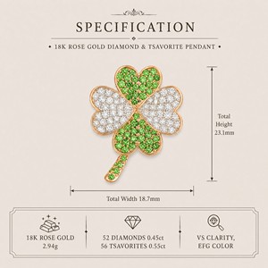 Pendentif trèfle à quatre feuilles élégant pour femme, haute joaillerie, or rose 18 carats, serti de diamants tsavorite - Product Image 4