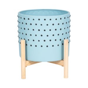 Vaso in ceramica con supporto in legno per uso interno ed esterno, azzurro con puntini neri, diametro 12 pollici - Product Image 4