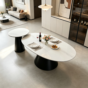 Ensemble de table à manger ovale moderne avec plateau en marbre, design minimaliste, base en métal noir, meubles pour la maison - Product Image 1