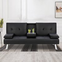 Futón Económico para Sala de Estar con Portavasos, Sofá Cama Plegable de PU, Sofá Cama Click Clac