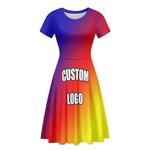 Personalizado Vestido Crewneck de manga curta das Mulheres Roupas Impressão On Demand Venda Sublimação Impressão Verão Moda Vestido Ruffled