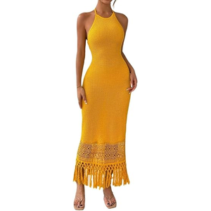 <strong>Ladies</strong> Solid <strong>Yellow</strong> Halter Neck Bodycon Knit Sweater <strong>Dress</strong> Crochet Knit Tassel Fringe Trim Summer Party Maxi <strong>Dress</strong> - Product Image 1