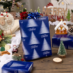 Merry Christmas Blue Metallized Gift <b>Wrap</b> <b>Paper</b> <b>Roll</b> 80GSM Double Side Eco-Friendly Offset Printing Compatible - Product Image 1