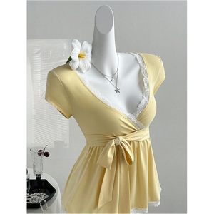 Women's Y2K Lace Peplum Top <b>Bow</b> Tie Front Wrap V Neck Short Sleeve Satin Blouse Everyday Wear - Product Image 3