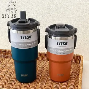 Siyue 750Ml Kleurrijke Geïsoleerde Dubbellaagse Thermos Auto Cup Roestvrijstalen Herbruikbare Milieuvriendelijke Koffietheemok Met Stro 9202