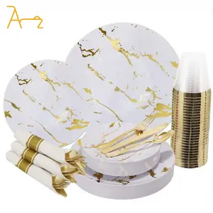 High Quality Modern Elegant Plastic Fancy Emboss Gold Dinner Plates Wedding Cutlery Disposable Convenience Dinnerware Set