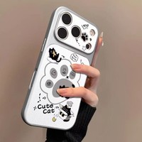 Coque de téléphone portable en peau d'agneau anti-traces de doigts avec motif patte de chat peinte pour 17 Pro Max & 16 avec support intégré