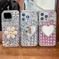 Coque de protection pour iPhone en forme de cœur avec pierres précieuses, compatible tous modèles 18 17 Pro Max, coque entièrement ornée de diamants 16 15 14 13, pour femme