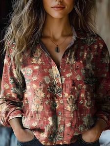 Camicetta Casual da Donna Primavera-Estate con Stampa Vintage, Maniche Lunghe, Imitazione Cotone e Lino - Product Image 3