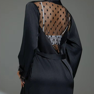 ชุดราตรีคอวีสำหรับผู้หญิงเสื้อคลุมแขนยาวผ้าซาตินประดับลูกไม้แขนยาวดีไซน์ใหม่ - Product Image 3