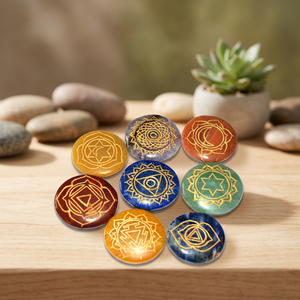 Handmade Polished Gemstone <b>Chakra</b> Stones <b>Set</b> with Sacred Symbols Circle Shape Reiki Healing Art Collectible - Product Image 2