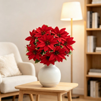 Karangan Bunga Poinsettia Natal Bunga Buatan untuk Pohon Natal, Mantel, Perapian, Teras, Vas, Meja, Dekorasi Liburan Musim Dingin, Hadiah Grosir