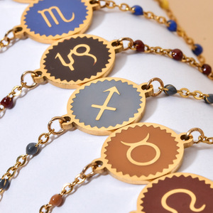 Pulsera chapada en oro de acero inoxidable a la moda, gota de aceite bohemio, 12 pulseras del zodiaco, pulseras de cadena de cuentas - Product Image 2