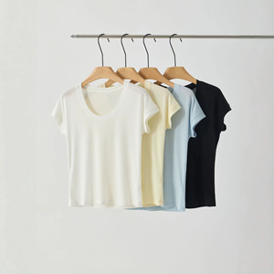 เสื้อถักคอวีตัวยูสำหรับผู้หญิงเสื้อลำลองแขนสั้นสีพื้นใส่ปกติระบายอากาศเป็นมิตรต่อสิ่งแวดล้อม - Product Image 5