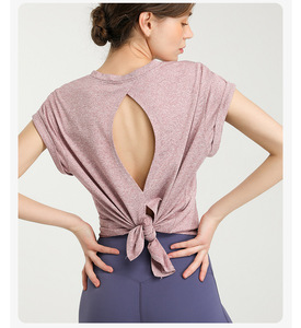 <b>Women</b> <b>Cap</b> Sleeve Yoga T Shirt Cross Split Open Back Loose Fit Quick Dry Breathable Workout Top <b>Running</b> Pilates Sports Tee - Product Image 3