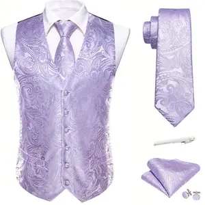 Factory Low Price Formal Men Flower Vest Paisley Jacquard Silk Ties Suit Waistcoat Set Wedding 5PCS