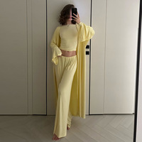 Nouvel ensemble deux pièces loungewear pour femme, style européen et américain, en tricot uni nylon/coton, anti-plis, col mandarin, collection automne