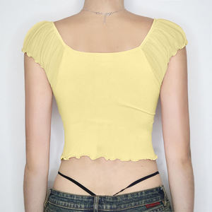 Camiseta Corta de Verano para Mujer con Manga Abullonada y Cuello en V, Ajuste Delgado, Color Sólido, Estilo Americano Sexy - Product Image 3