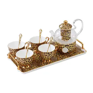 nordic leopard print light luxury flower tea heating teapot european afternoon tea set