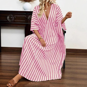 Vestido Camisero Maxi Holgado a Rayas con Cuello en V y Manga 3/4 para Mujer, Talla Grande - Product Image 5