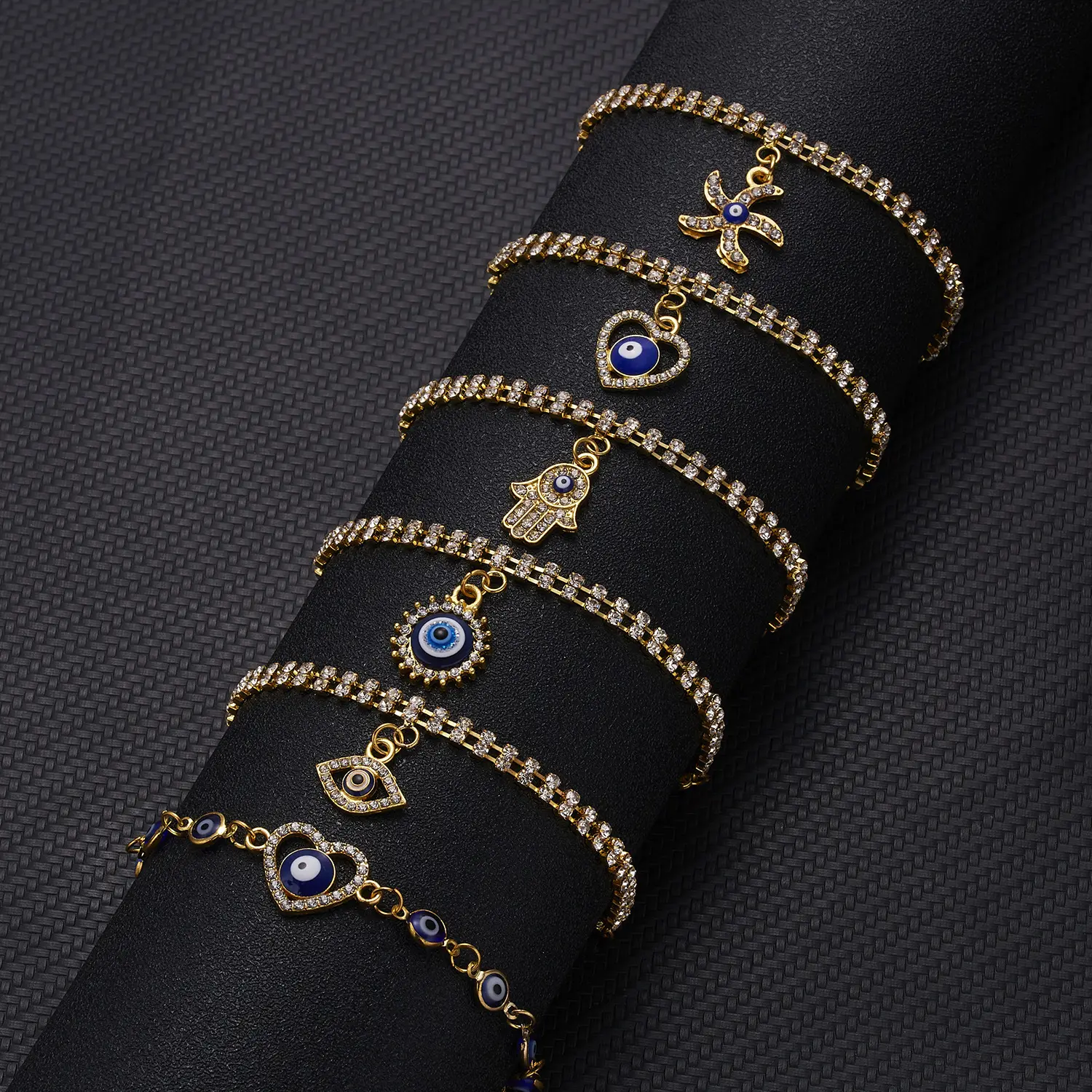HOVANCI 9 18k banhado a ouro pulseira cadeia design de jóias pulseiras derramar femmes palma geométrica azul olhos de cristal pulseira