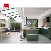 Alland 2025 Cuisine anglaise Armoire de cuisine en bois massif Design shaker Vert foncé Ensemble complet Robinet Charnières Accessoires Plan de travail stratifié