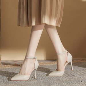 Zapatos de Tacón Alto con Punta en Pico y Correa en el Tobillo, Forro de Cuero, Zapatos de Oficina para Mujer, Tendencia de Moda, Color Sólido, Detalle de Hebilla - Product Image 2