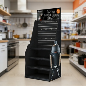 Expositor de pie de madera con ganchos deslizantes y estantes para utensilios de cocina, ollas, sartenes y para tiendas - Product Image 1