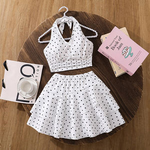<span class=keywords><strong>Abbigliamento</strong></span> Estivo per Bambini, Nuovo Stile Francese Elegante, Top Senza Maniche con Colletto e Schiena Scoperta, Gonna a Pois, <span class=keywords><strong>Abbigliamento</strong></span> per Ragazze Adolescenti - Product Image 1