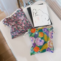 Tas Serut Katun Motif Bunga dengan Mulut yang Dapat Diketatkan, Tas Penyimpanan Kecil yang Lembut, Tas Ponsel Artistik Retro