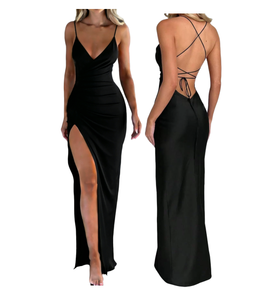 2025 时尚热销夏季服装 V 领侧开衩修身女式性感俱乐部派对吊带连衣裙 - Product Image 1