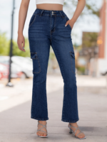 Jean cargo taille haute évasé en denim délavé et déchiré pour femme, grande taille, été 2026, avec double bouton et poches latérales