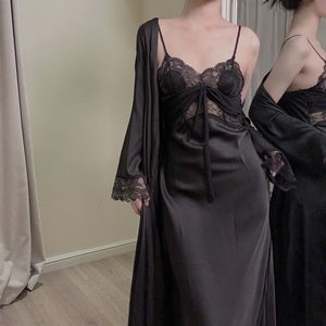 Ensemble <span class=keywords><strong>de</strong></span> robes <span class=keywords><strong>de</strong></span> chambre en <span class=keywords><strong>satin</strong></span> respirant pour femmes, super longues, à manches longues, en soie respirante, pour l'été - Product Image 3