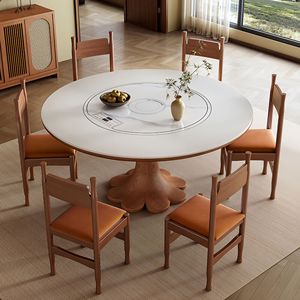 Round Solid Wood <b>Dining</b> <b>Table</b> With Induction Cooker And Turntable For <b>Dining</b> Room - Product Image 1