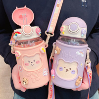 Garrafa de água kawaii, para meninas de 620ml, à prova de vazamento, sem bpa, para beber, esportiva, reutilizável, para crianças, escolar, de plástico, com canudo