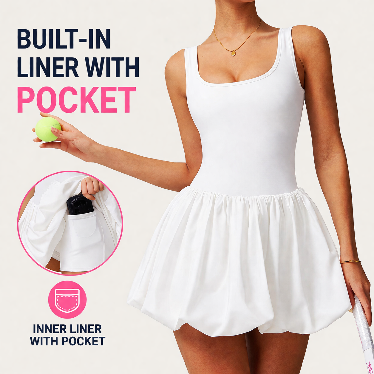 2026 Tennis Dress Nylon High Elastic Bud Hemline Solid Built in Shorts Pocket Summer Sleeveless Workout Active Dress Yoga Dress
